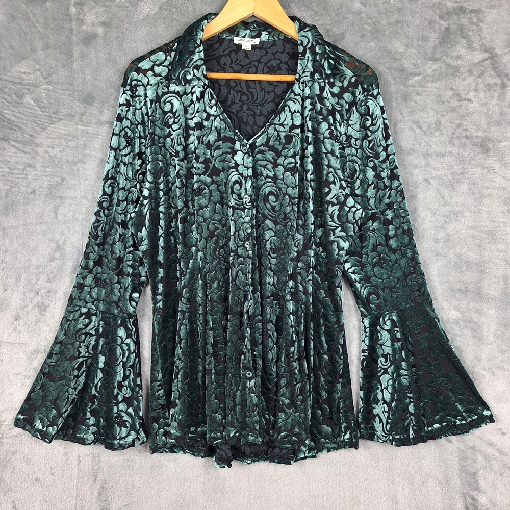 Womens Top XL Velvet Burnout Dark Romantic Whimsigoth Witchy Boho Ren Fair Green